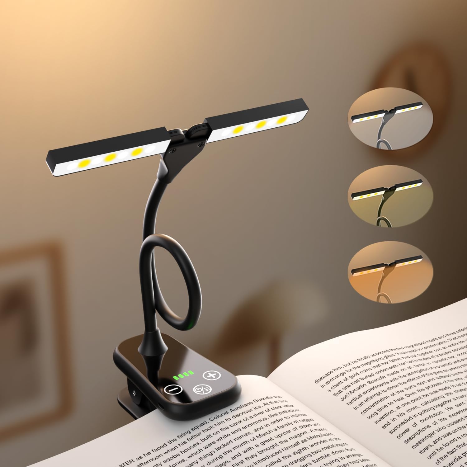 Ruoaueob Portable Rechargeable Dual Head Reading Lamp front view clipped onto a book showing battery indicator screen