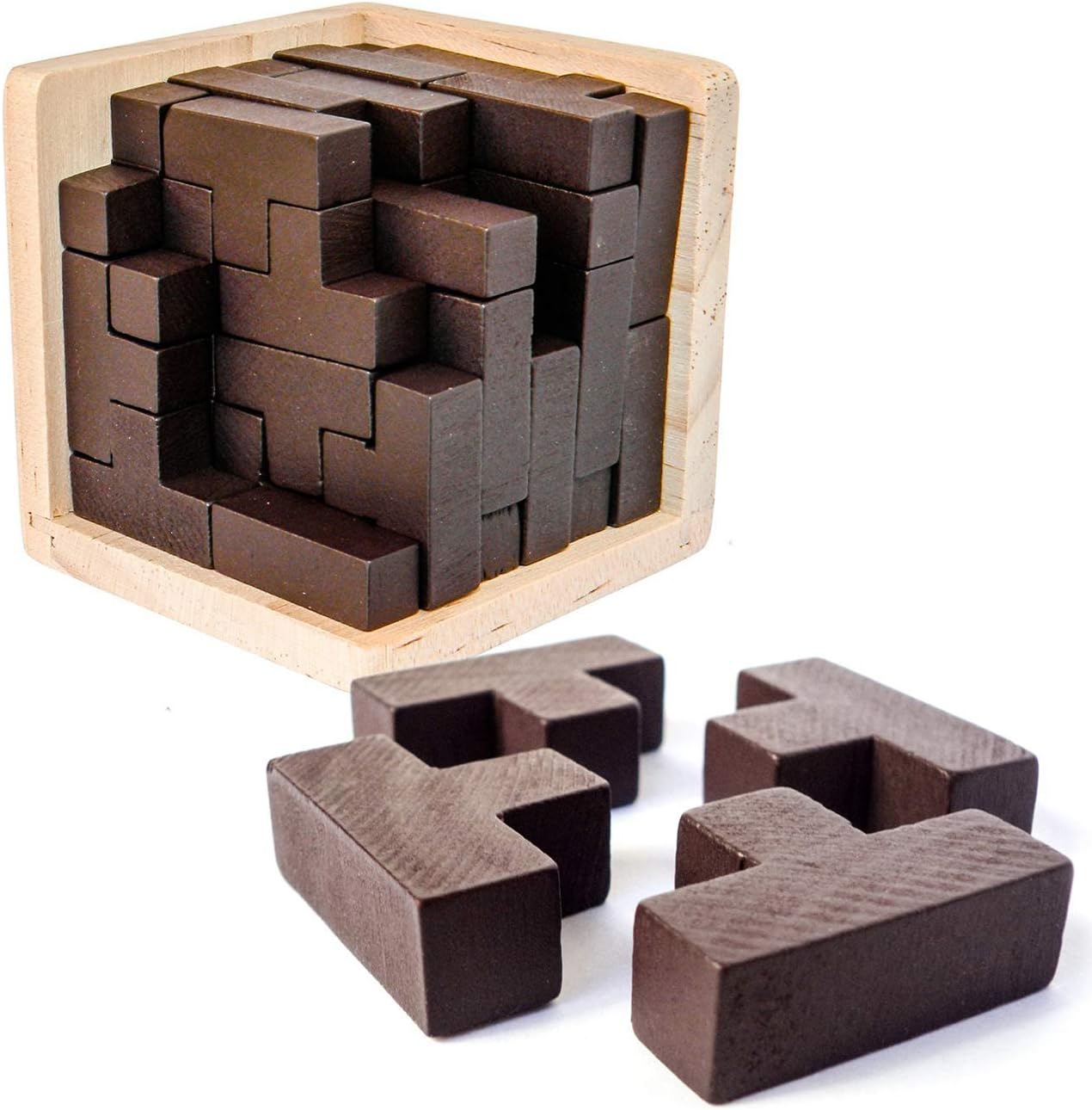 AHYUAN 3D wooden brain teaser puzzle cube front view showcasing coffee colored T shaped blocks