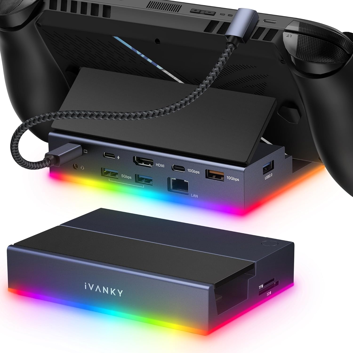 iVANKY 14-in-1 RGB docking station front view with ambient lighting