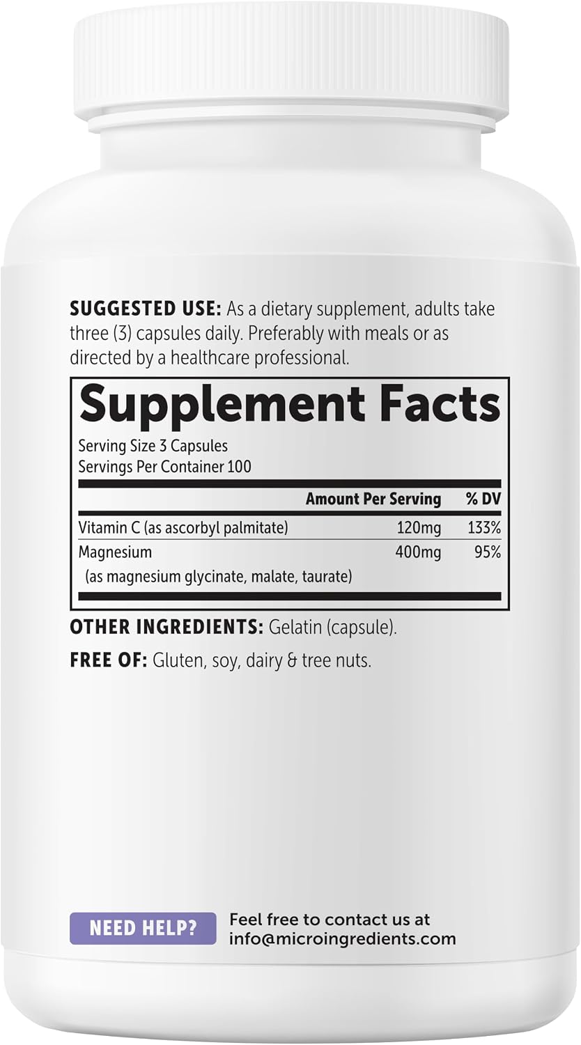 Micro Ingredients Pure Triple Magnesium Complex | 300 Capsules | 400mg Elemental Magnesium Per Serving | Chelated Glycinate, Taurate, Magnesium Malate, Vitamin C | Filler Free - Image 9