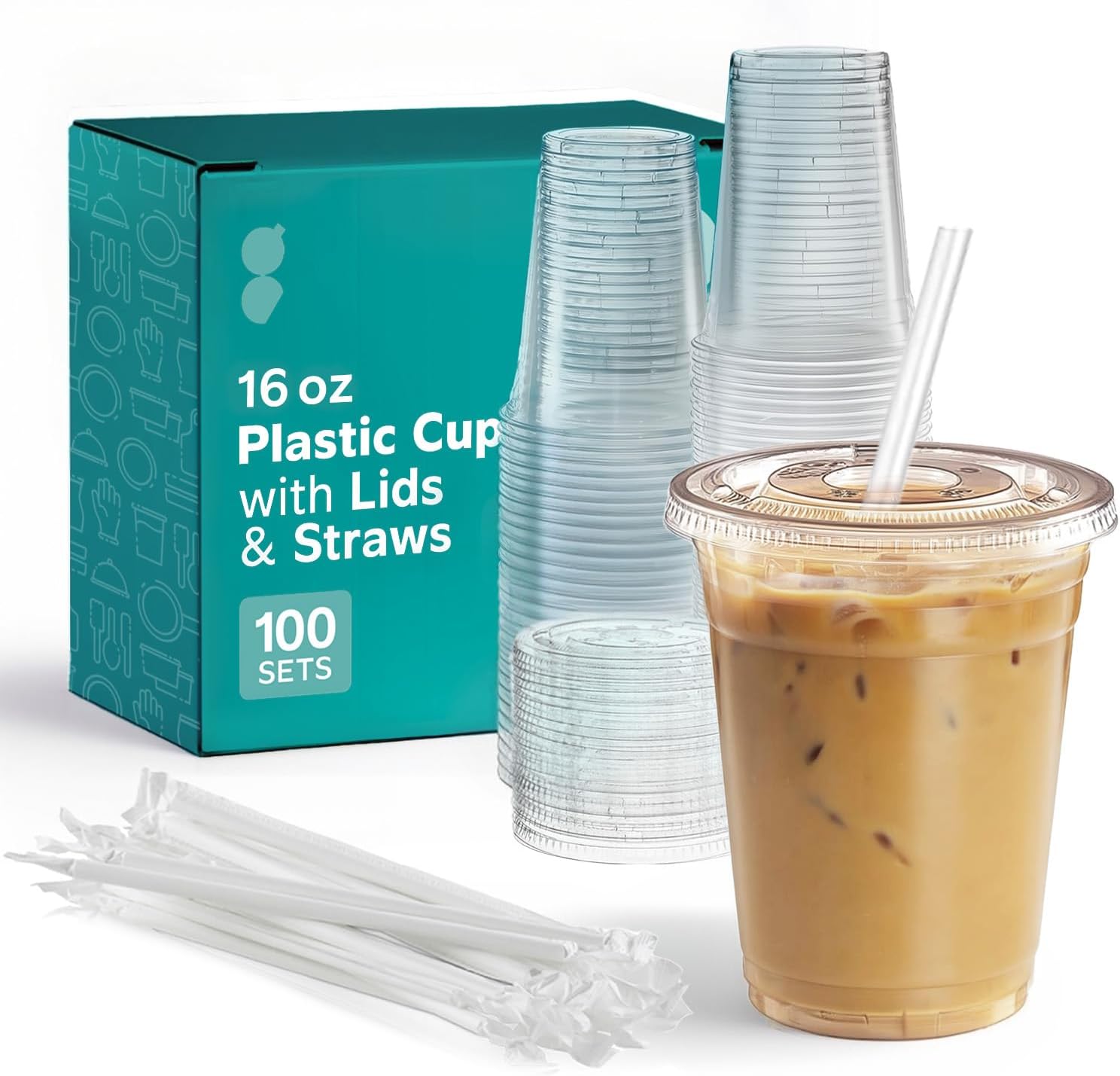 Gusto 16 ounce clear plastic cups front view with lids and straws