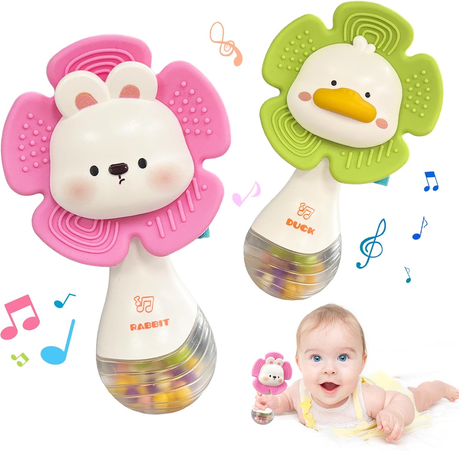 Weirtoya 2 piece baby rattles front view showing duck and rabbit designs