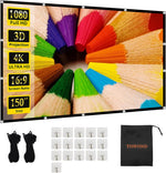 TOWOND 150 inch projector screen front view displaying a sharp movie image indoors