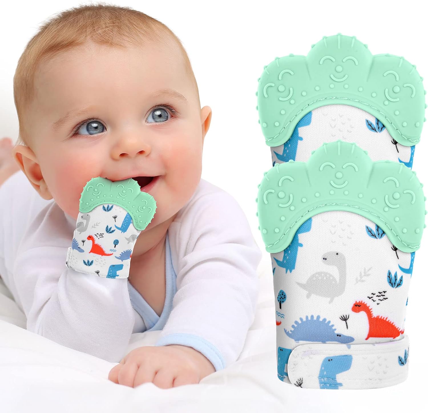 Teri Beri silicone teething mitt front view showing green textured silicone top.