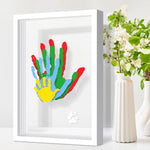 Omrhvi Family Handprint Kit front view with white wooden frame and colorful paint jars.