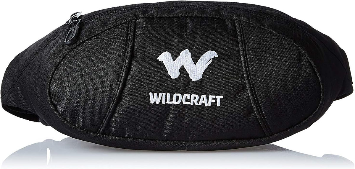 Wildcraft Astro_2 Polyester Black Waistpack front view displaying brand logo and zipper.