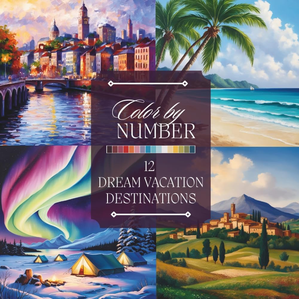 Color by Number Adult Coloring Book: Beautiful Vacation Destinations, Beaches, Mountains, Landscapes, and More for Relaxation and Stress Relief (Color by Number Coloring Books for Adults) - Image 1