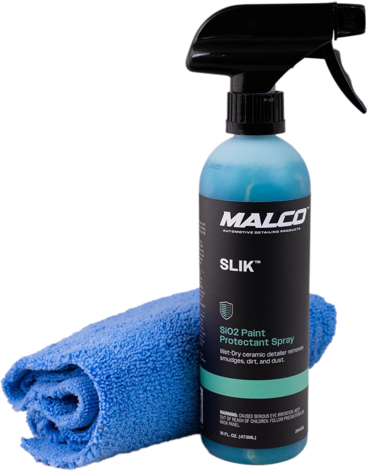 Malco SLIK SiO2 Paint Protection Spray front view sixteen ounce bottle with microfiber towel for premium car detailing.