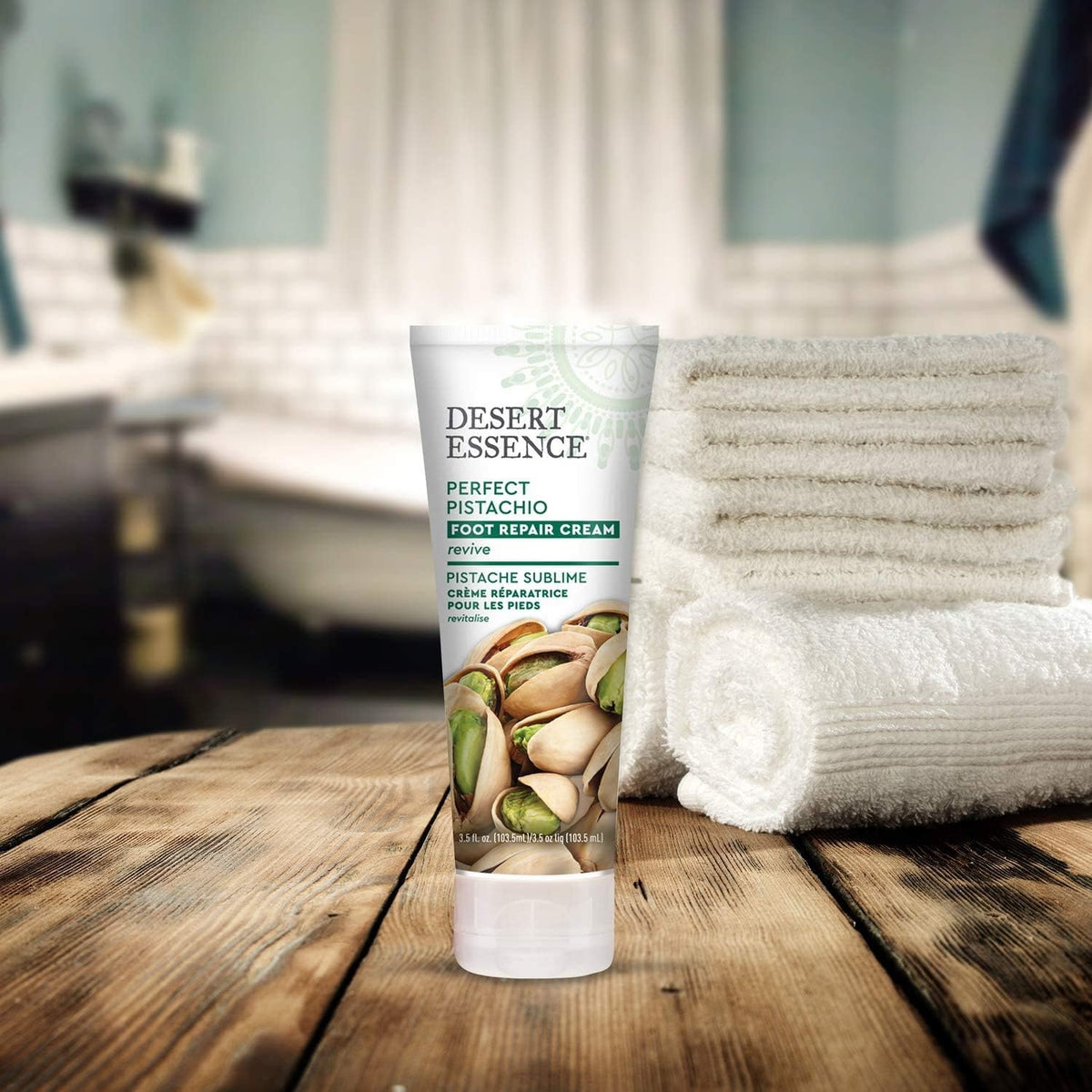 Desert Essence pistachio foot repair cream product packaging close up