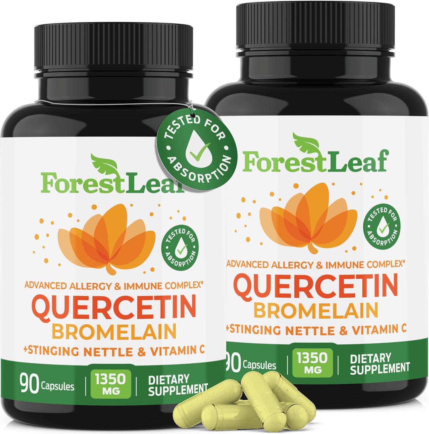 ForestLeaf Quercetin with Bromelain - 1350mg Blend with Vitamin C & Stinging Nettle, Advanced Quercetin 500mg Supplement, Non-GMO Gluten Free, Natural Immune & Respiratory Function 180 Veggie Capsules - Image 1