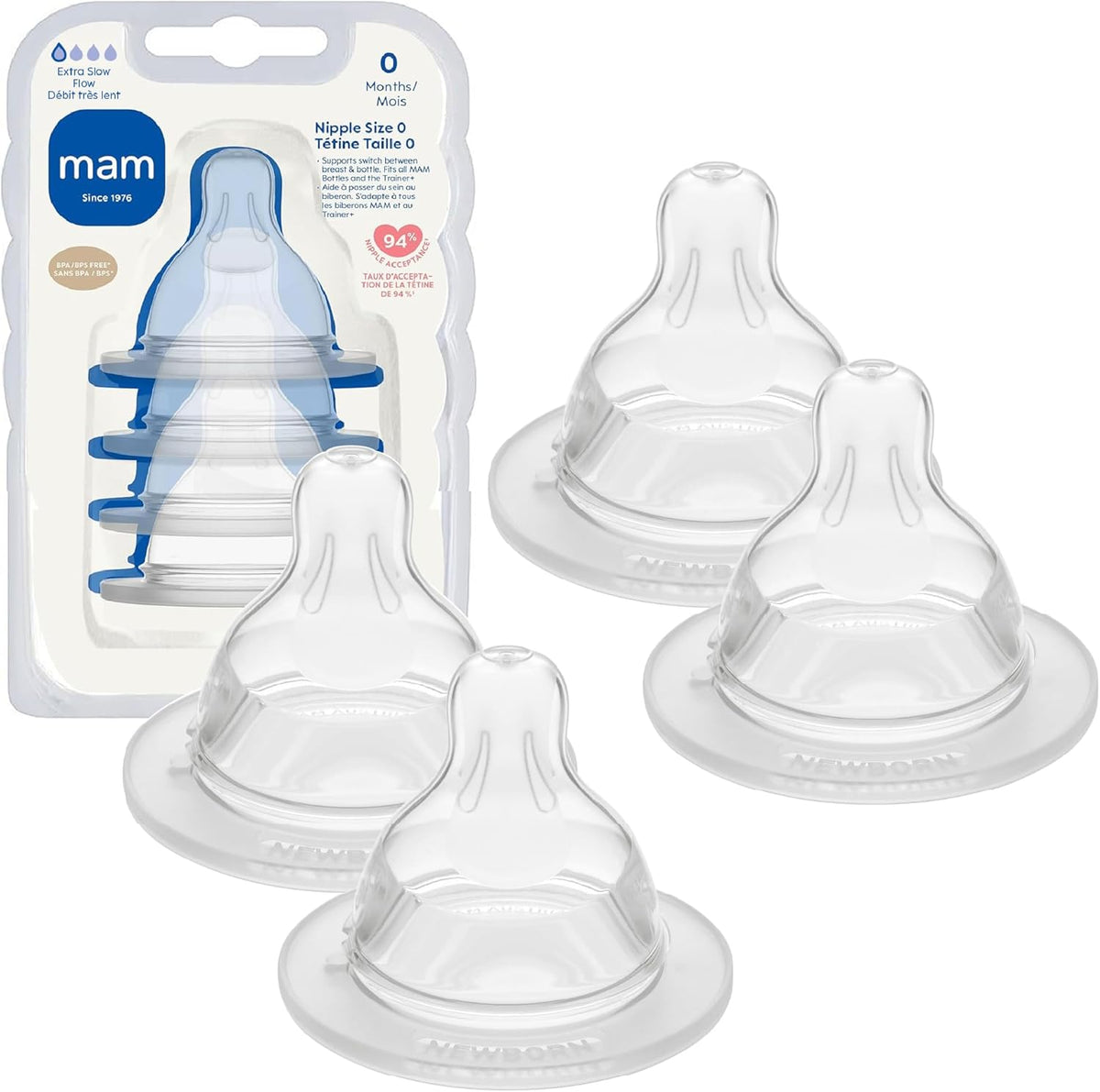 MAM Baby Bottle Nipples Extra Slow Flow Size Zero pack front view showing authentic silicone design.