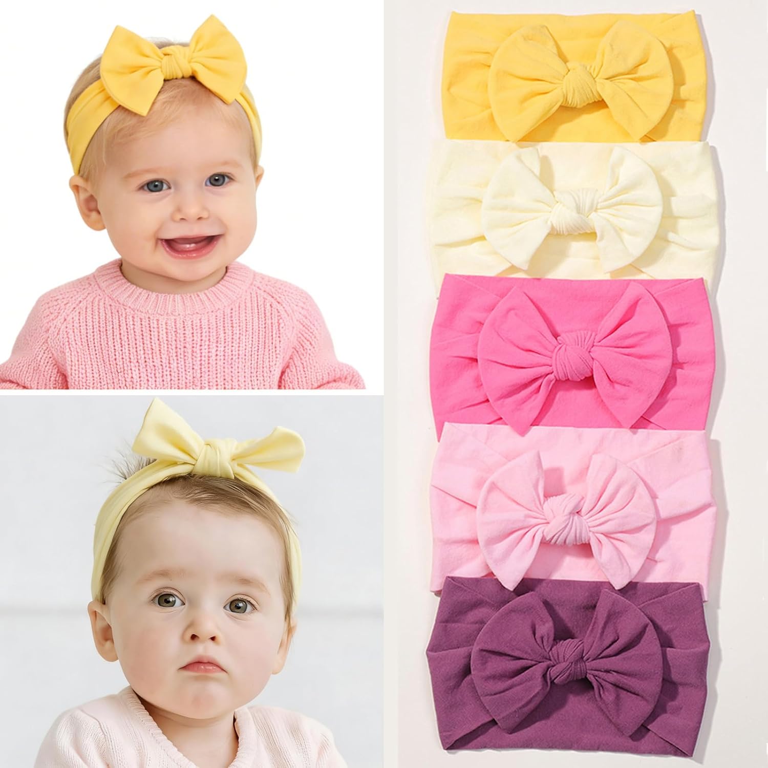 Syga 5Pcs Nylon Baby Bow Headbands front view showing assorted colors