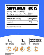 Pure melatonin powder sleep aid ingredient list and nutritional facts on packaging