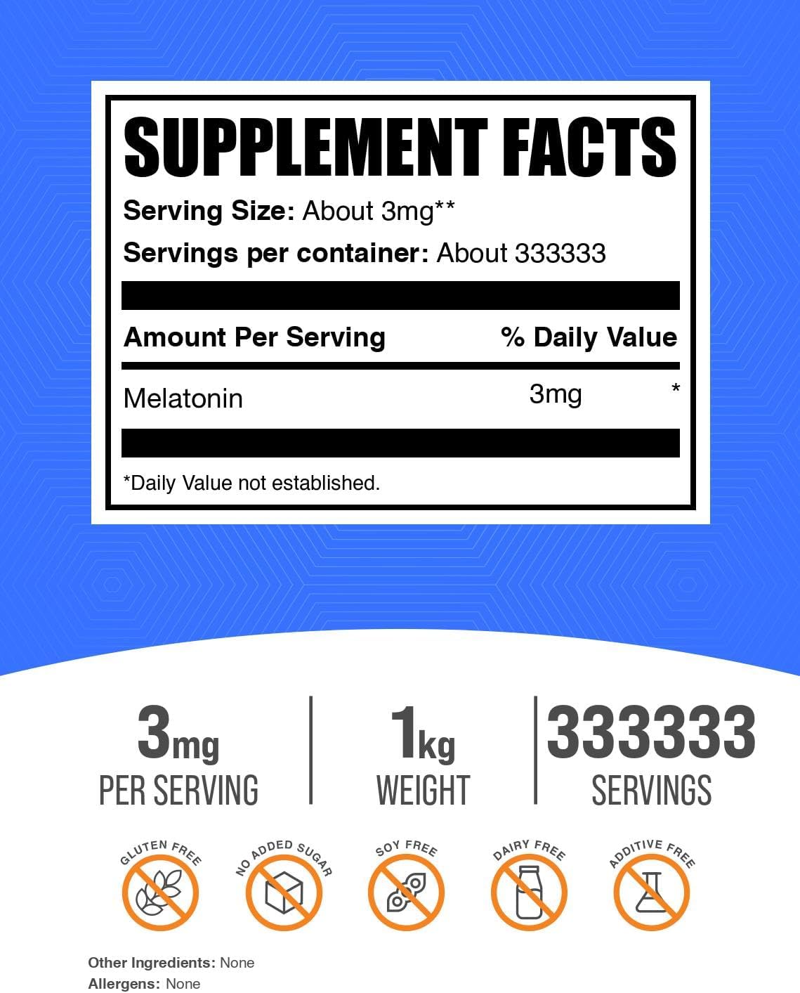 Pure melatonin powder sleep aid ingredient list and nutritional facts on packaging