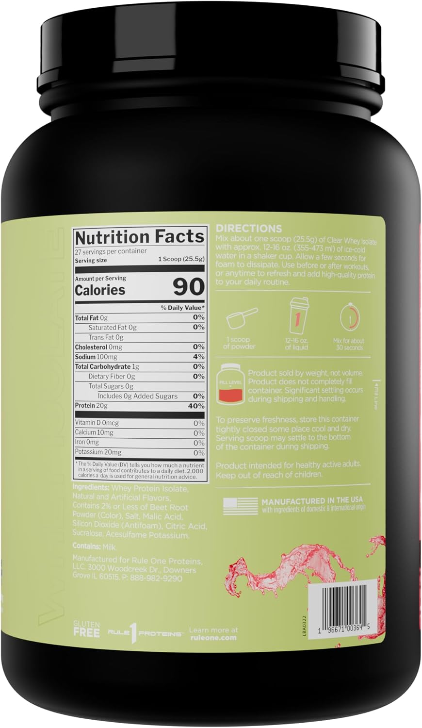 Rule 1 proteins cherry limade container showing 27 servings label