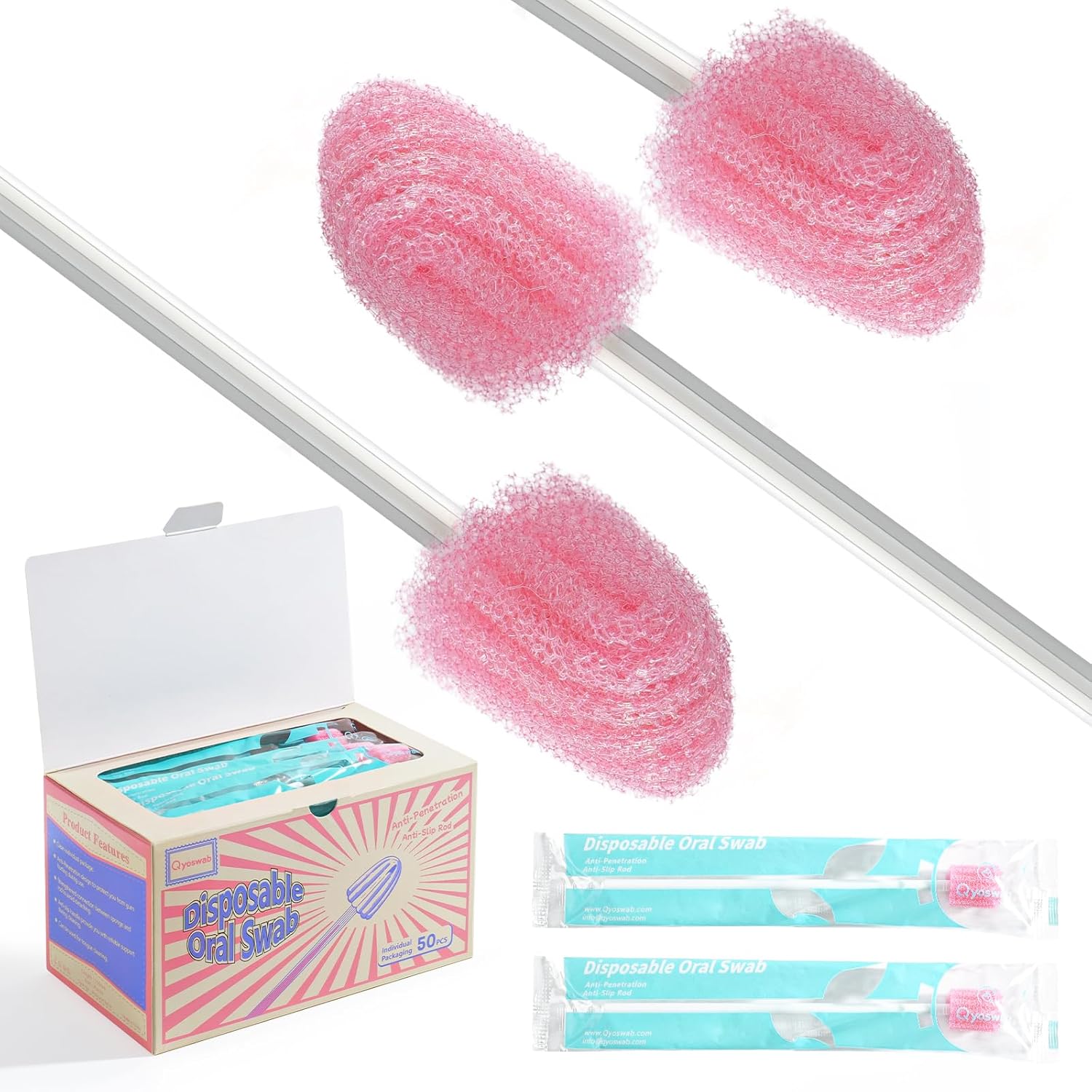 Qyoswab Small Size Gum Protective Mouth Swabs front view showing individually wrapped sterile packaging.