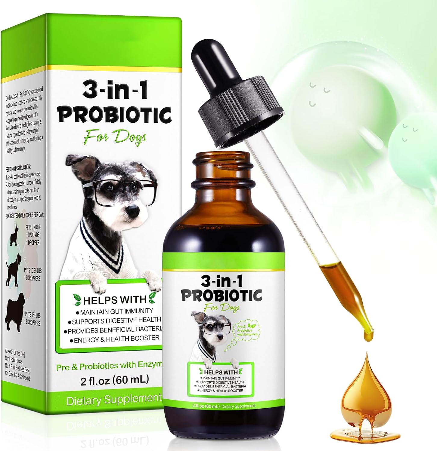 ALIVO dog probiotics bottle front view with dropper packaging