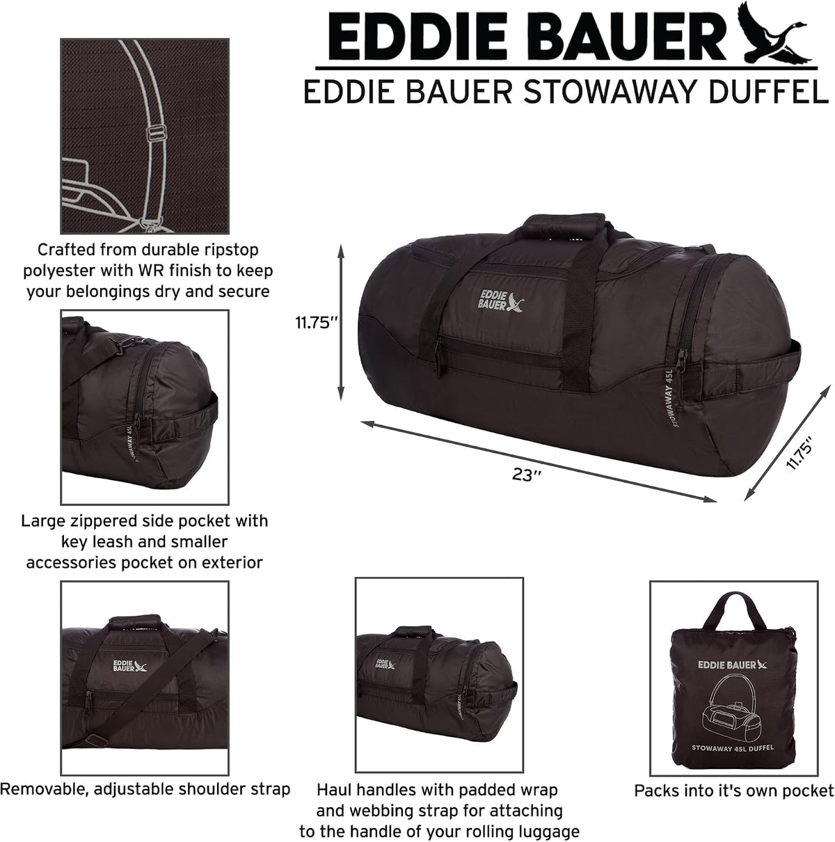 Eddie Bauer 45L travel duffel folded in storage pocket