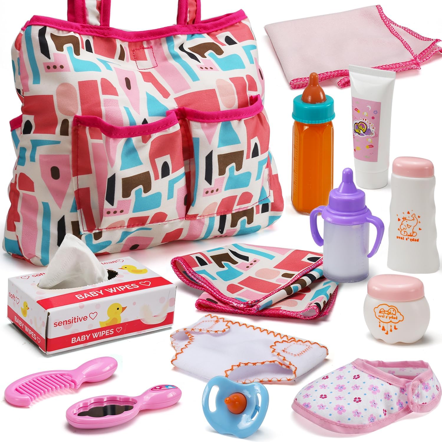 Bakatatoyz 14 pack baby doll accessories set front view showing diaper bag and magic bottles