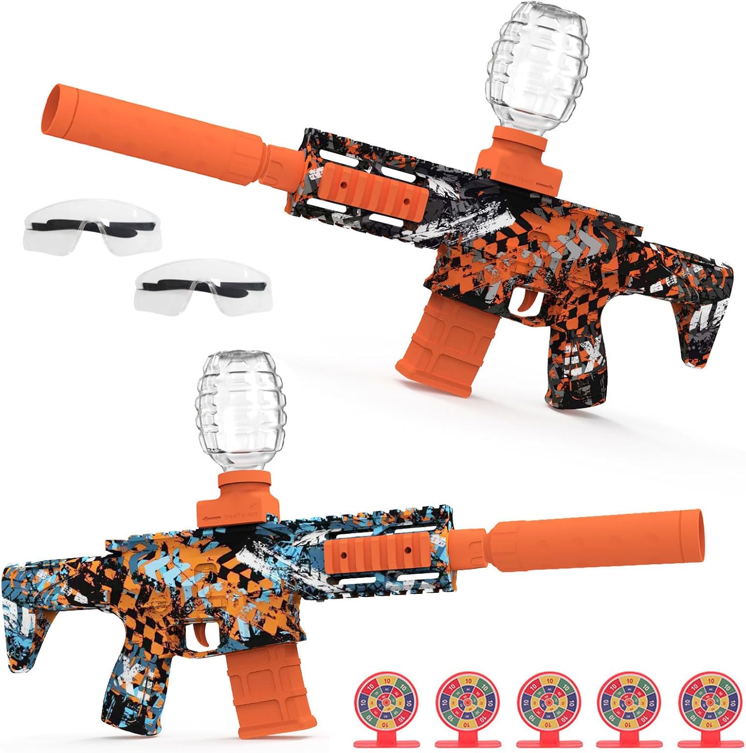Tentam automatic electric gel ball blaster twin pack front view showing red and blue camouflage designs