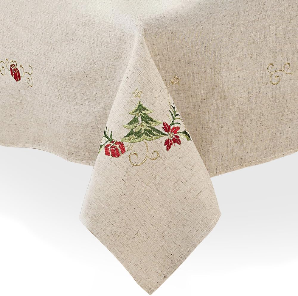 SARO LIFESTYLE Embroidered Christmas Tree Design Linen Blend Tablecloth, Natural, 67" x 140" - Image 9