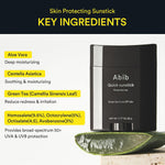 Abib sun care duo pack travel friendly size comparison next to a beauty pouch.