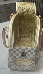 Designer Chewy Dog Carrier Bag showing mesh window and alloy zipper detail