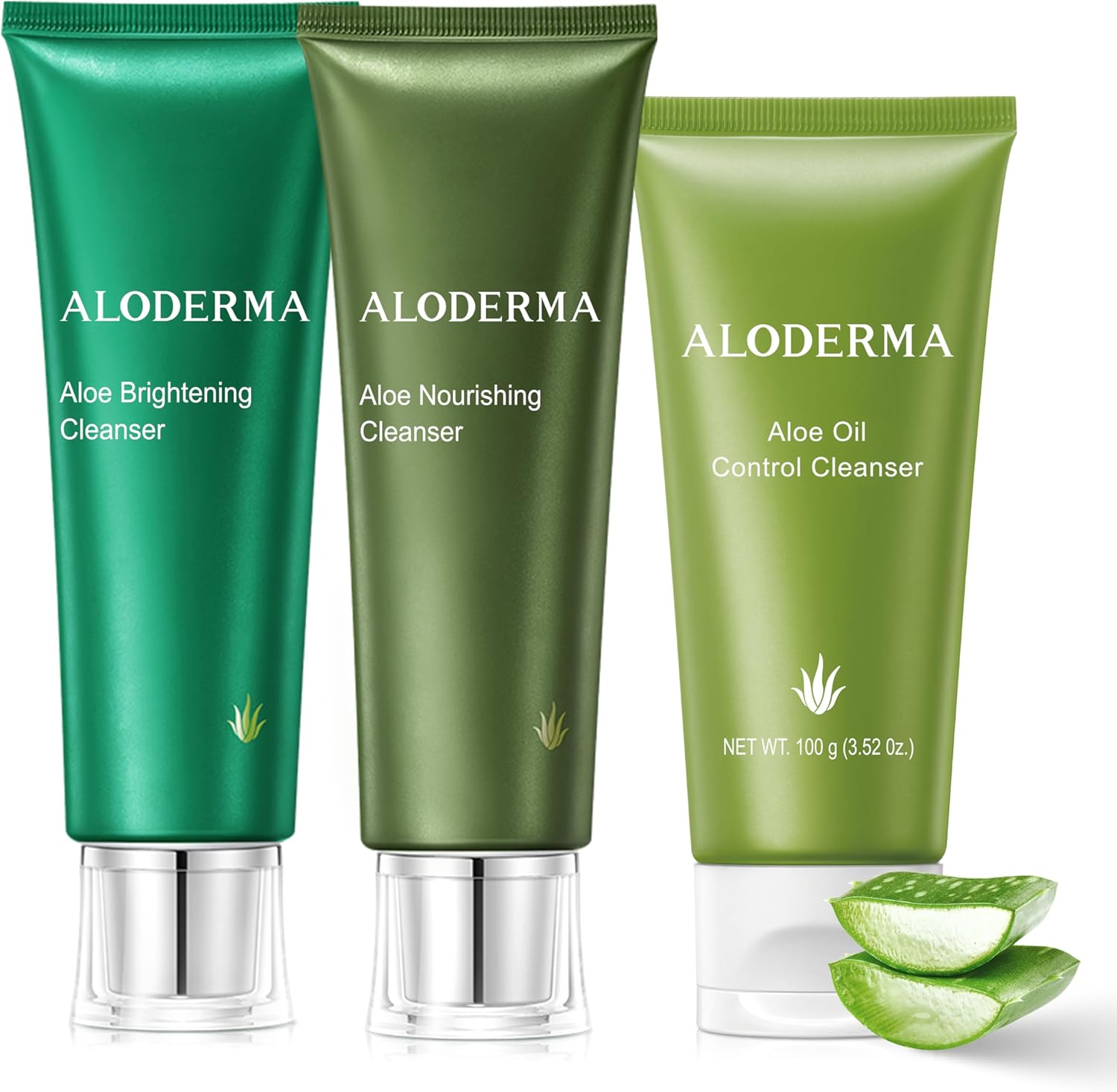 Aloderma Aloe Cleanser Set front view of the three piece imported face wash packaging.