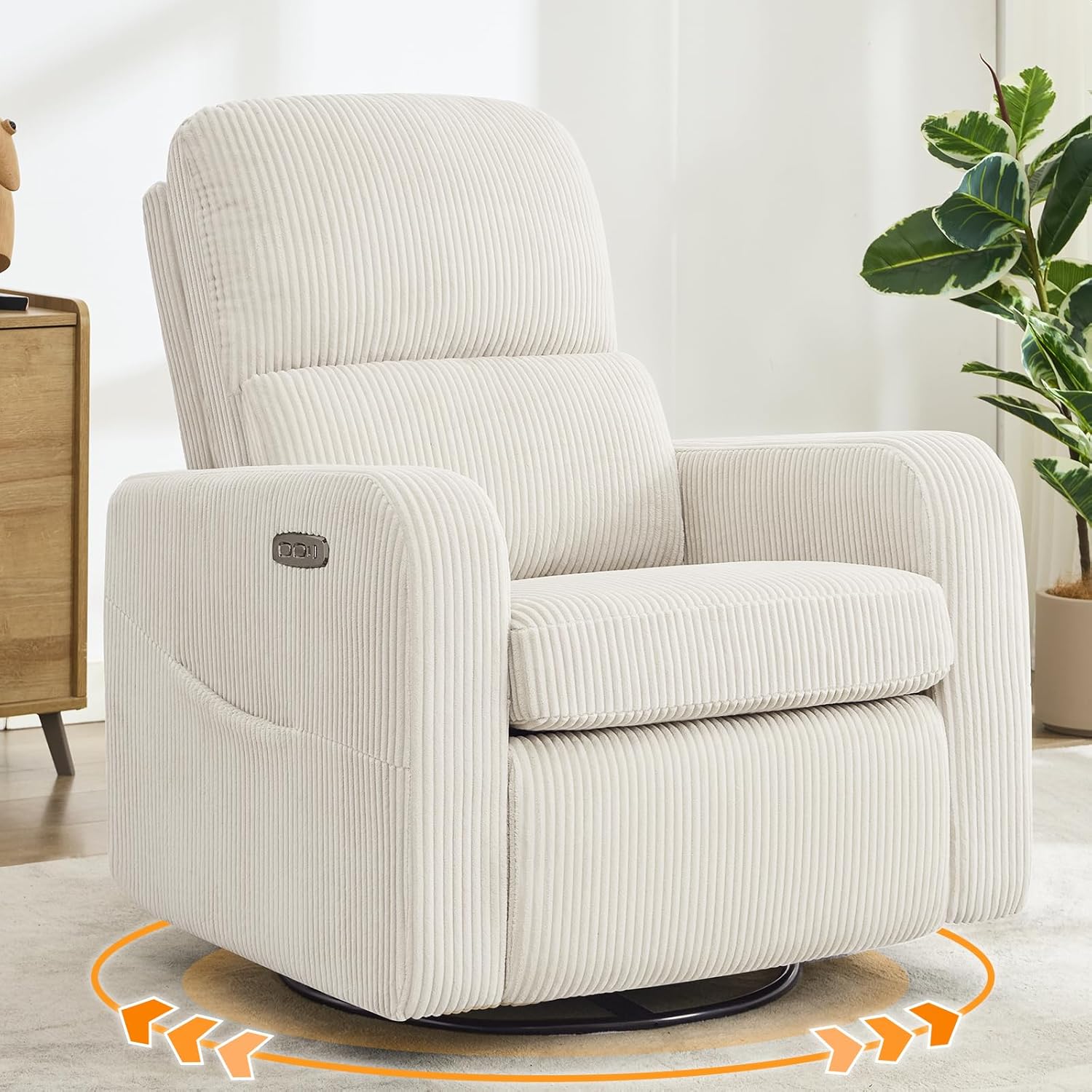 Swivel Rocker Recliner, Oversized Power Recliner Glider with Removable Cushion, Upholstered Swivel Reclining Nursery Chairs for Living Room Bedroom, Corduroy White - Image 1