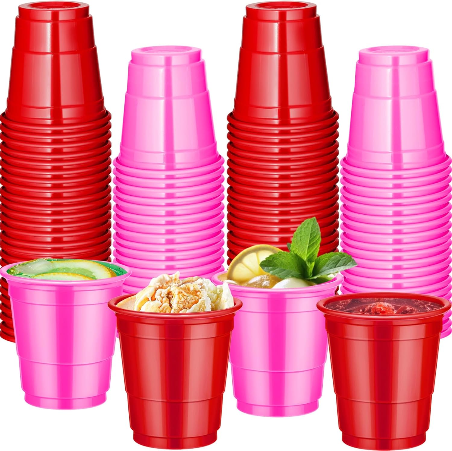 Cssopenss 120 piece pink and red plastic shot glasses front view for parties.