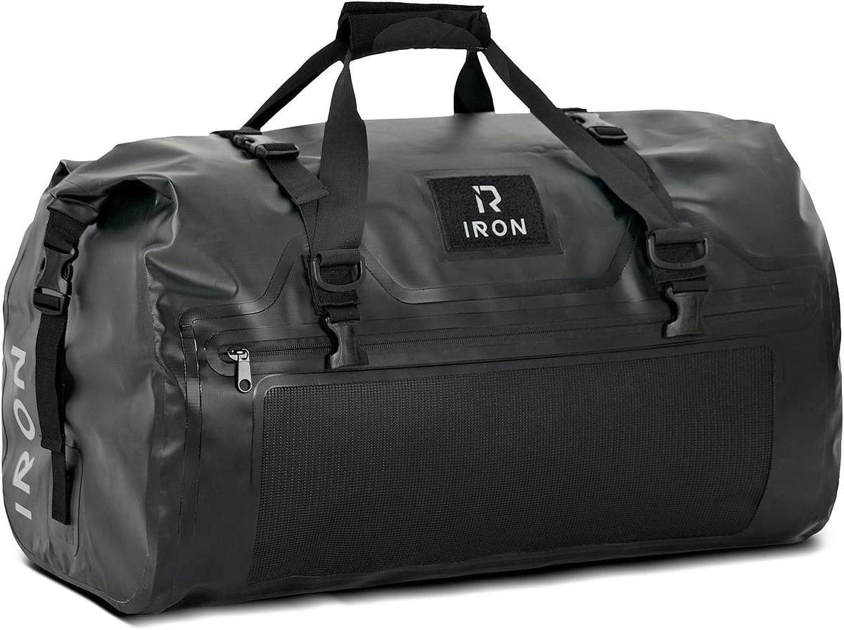 Iron Jia's motorcycle dry bag front view showcasing the waterproof black exterior and mesh pocket