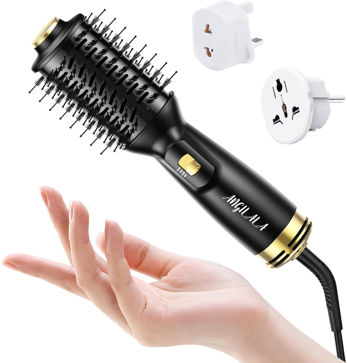 ANGILALA Dual Voltage Mini Hair Dryer Brush front view showcasing the black oval barrel and boar bristles.