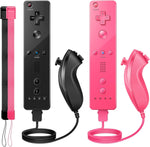 PGYFDAL Wii Controller Two Pack front view showing black and pink remotes with joysticks