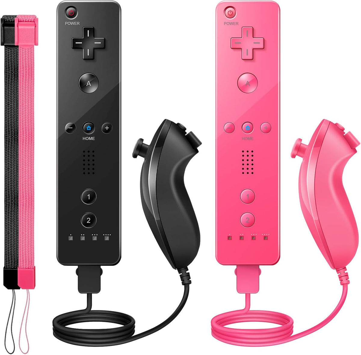 PGYFDAL Wii Controller Two Pack front view showing black and pink remotes with joysticks