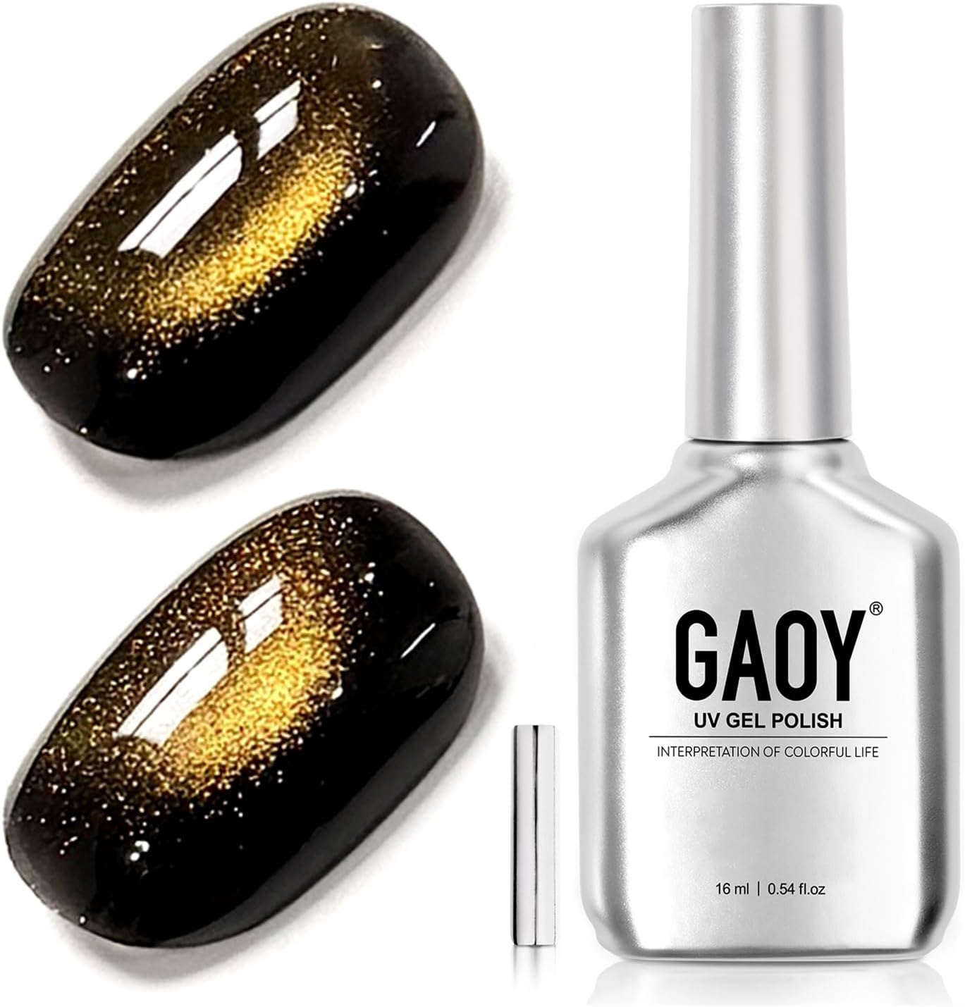 GAOY Black Golden Cat Eye Gel Nail Polish, 16ml Holographic Glitter Jelly Nail Polish with Magnet, Reflective Translucent UV Gel for Manicure Art DIY, 4416 Black Gold - Image 1