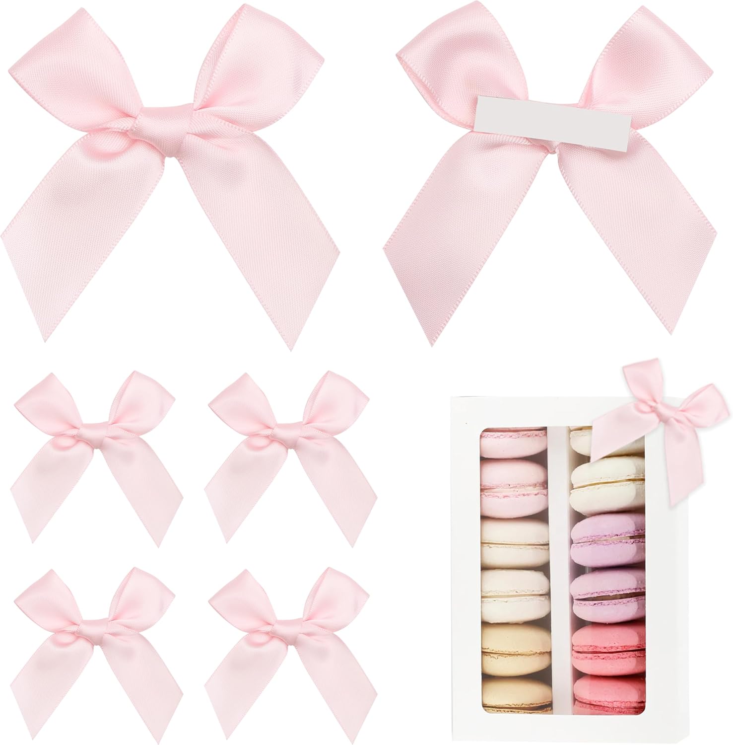LIZLOVESS pre tied self adhesive baby pink satin ribbon bows fifty pack front view displaying uniform shape