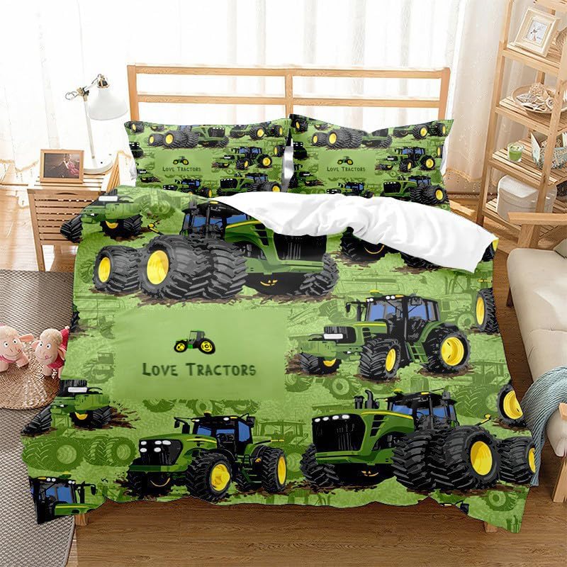 CUEKT tractor bedding set twin size front view featuring green and yellow farm trucks