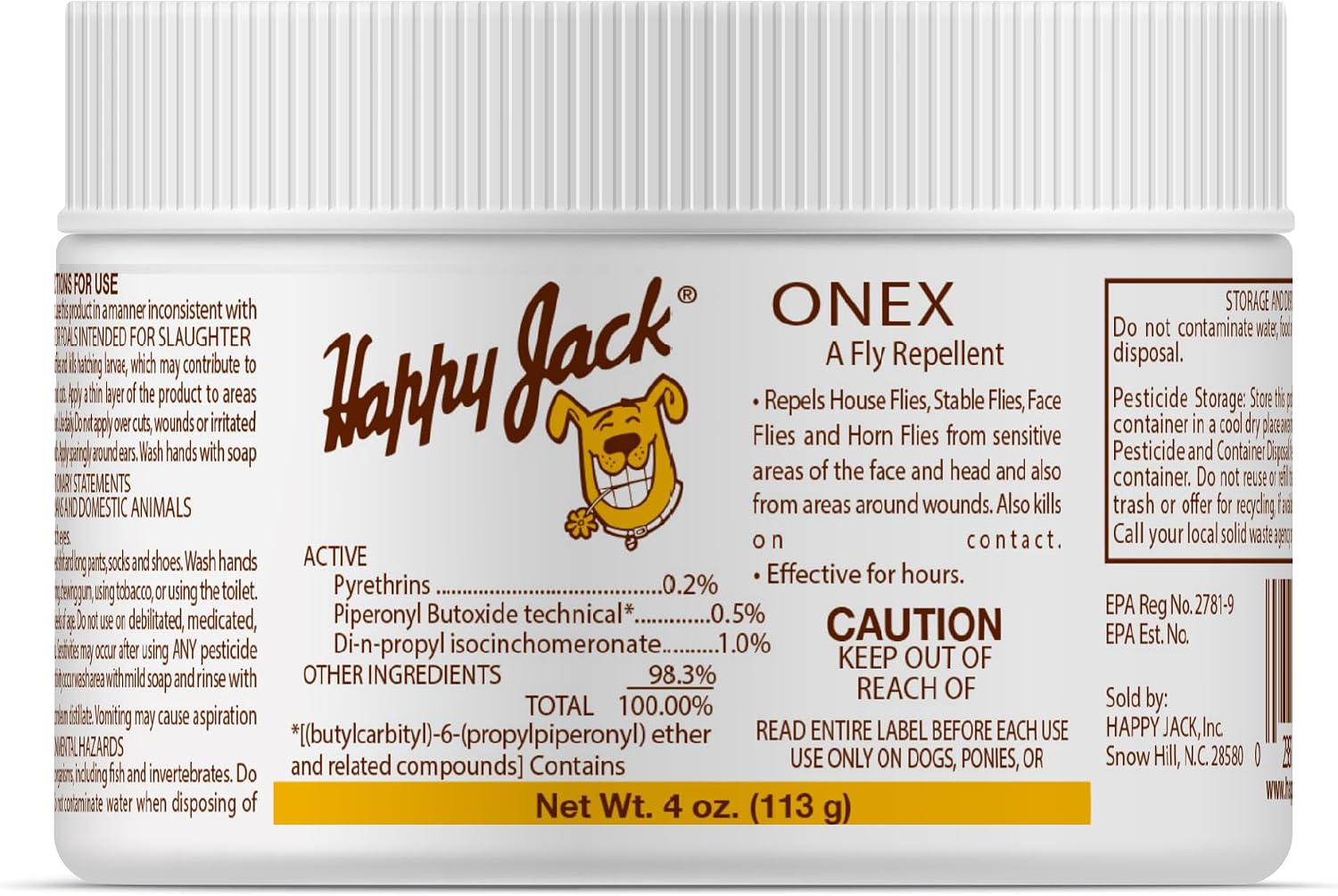 Happy Jack Onex Fly Repellent 4 ounce tub front view showing brand logo and product name.