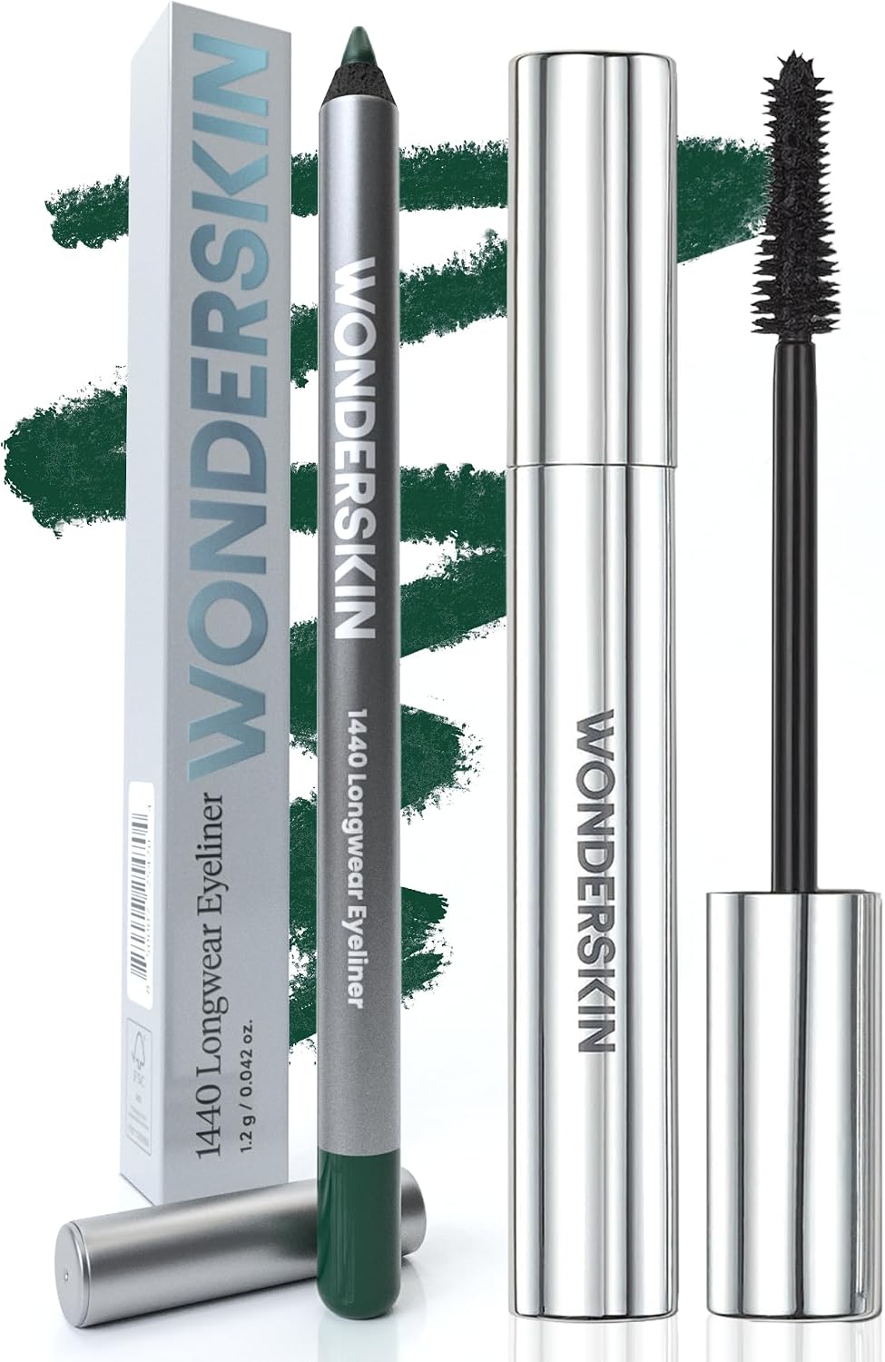 Wonderskin 1440 Longwear Eyeliner in Pine front view with matching black mascara packaging