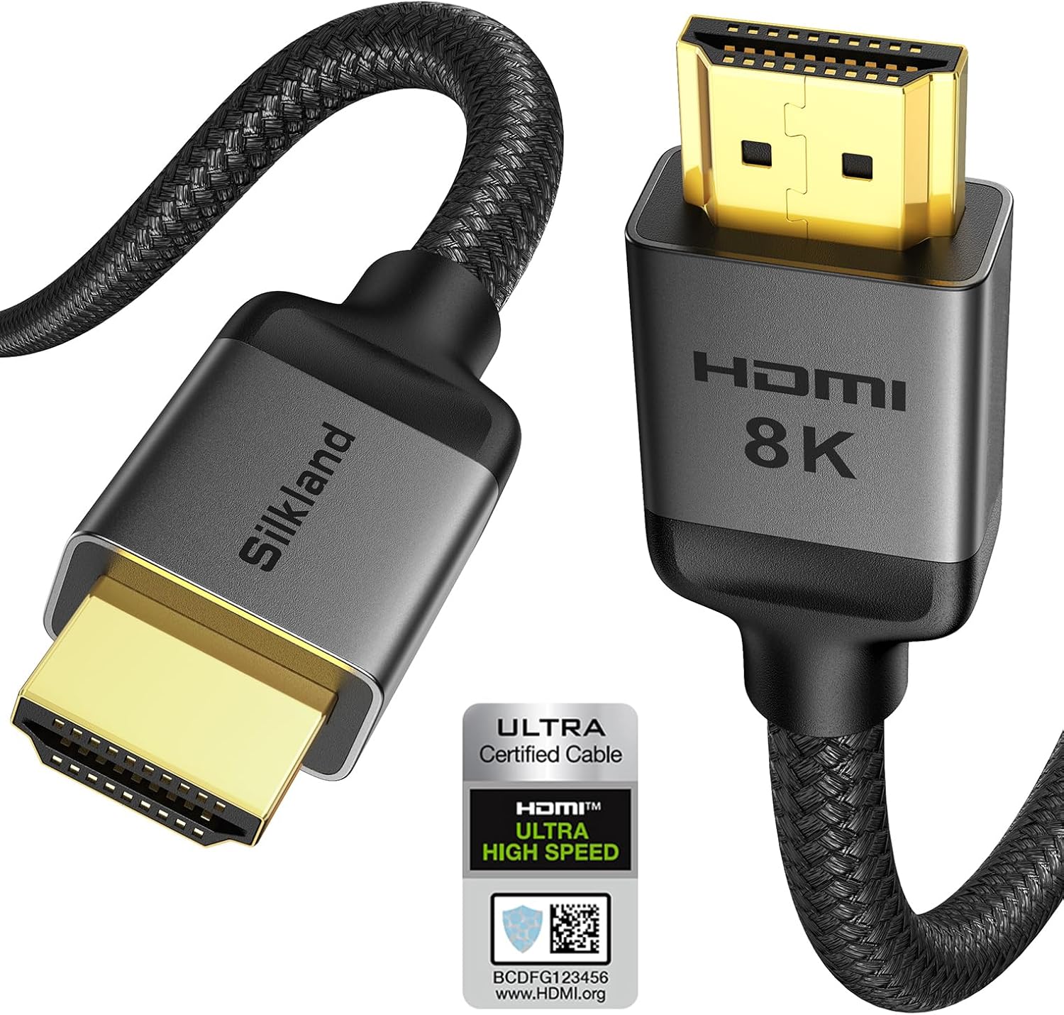Silkland Certified HDMI 2.1 Cable front view displaying the gold plated connector and premium braided texture.
