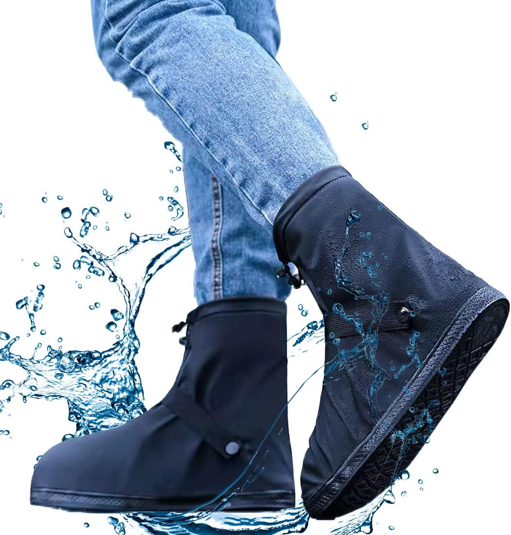VBoo waterproof shoe covers front view showing secure zipper closure and premium black finish.