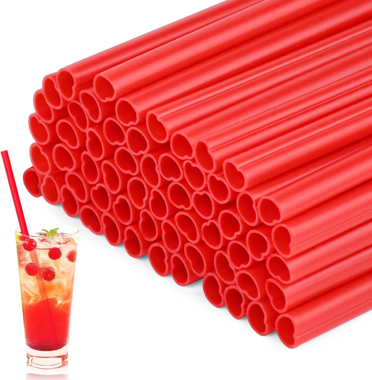 The Best Moon red heart shaped plastic straws front view for party drinks.
