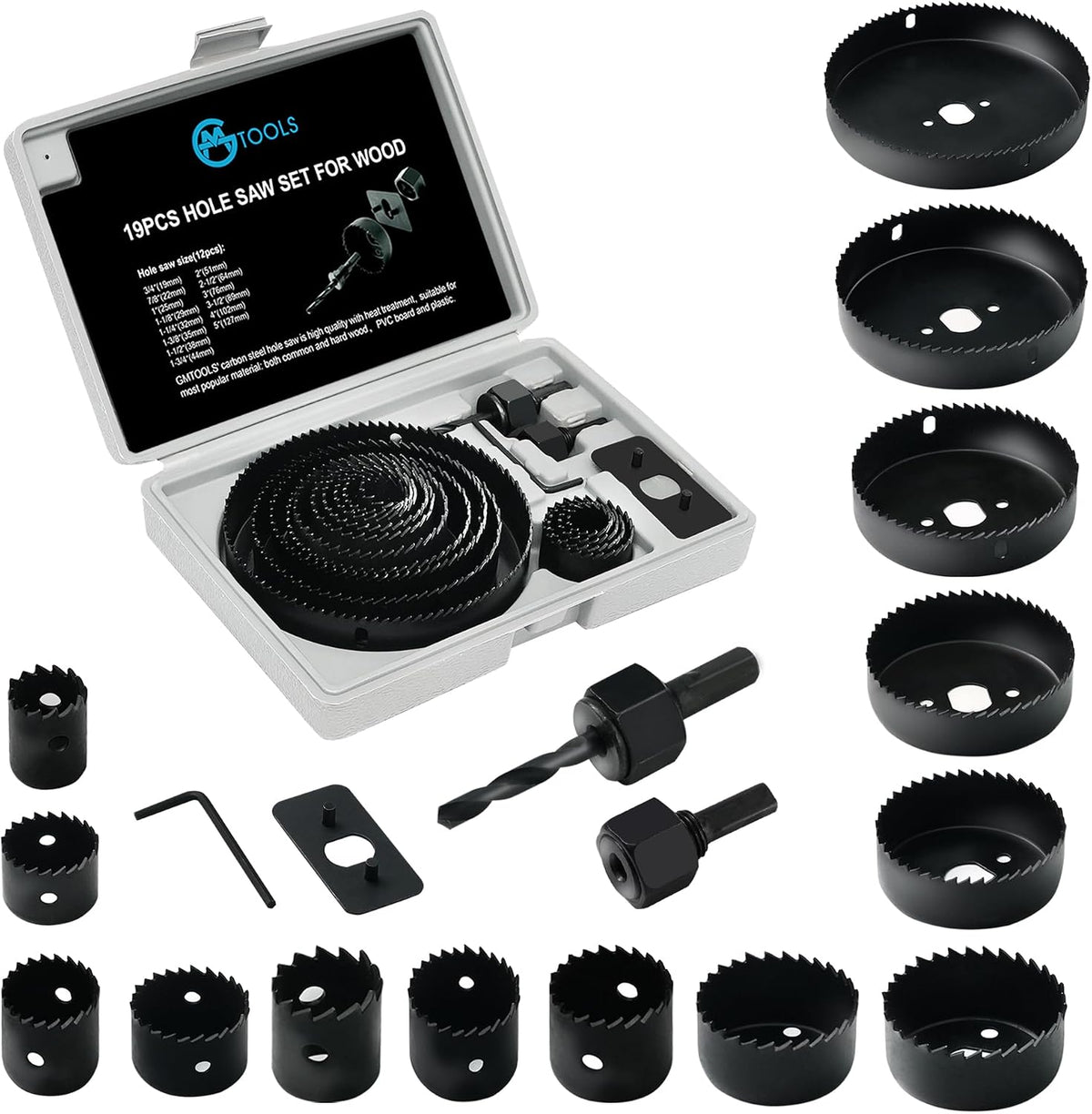 GMTOOLS hole saw kit components ready for woodworking