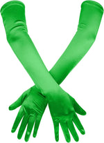 SAVITA green satin long elbow gloves front view