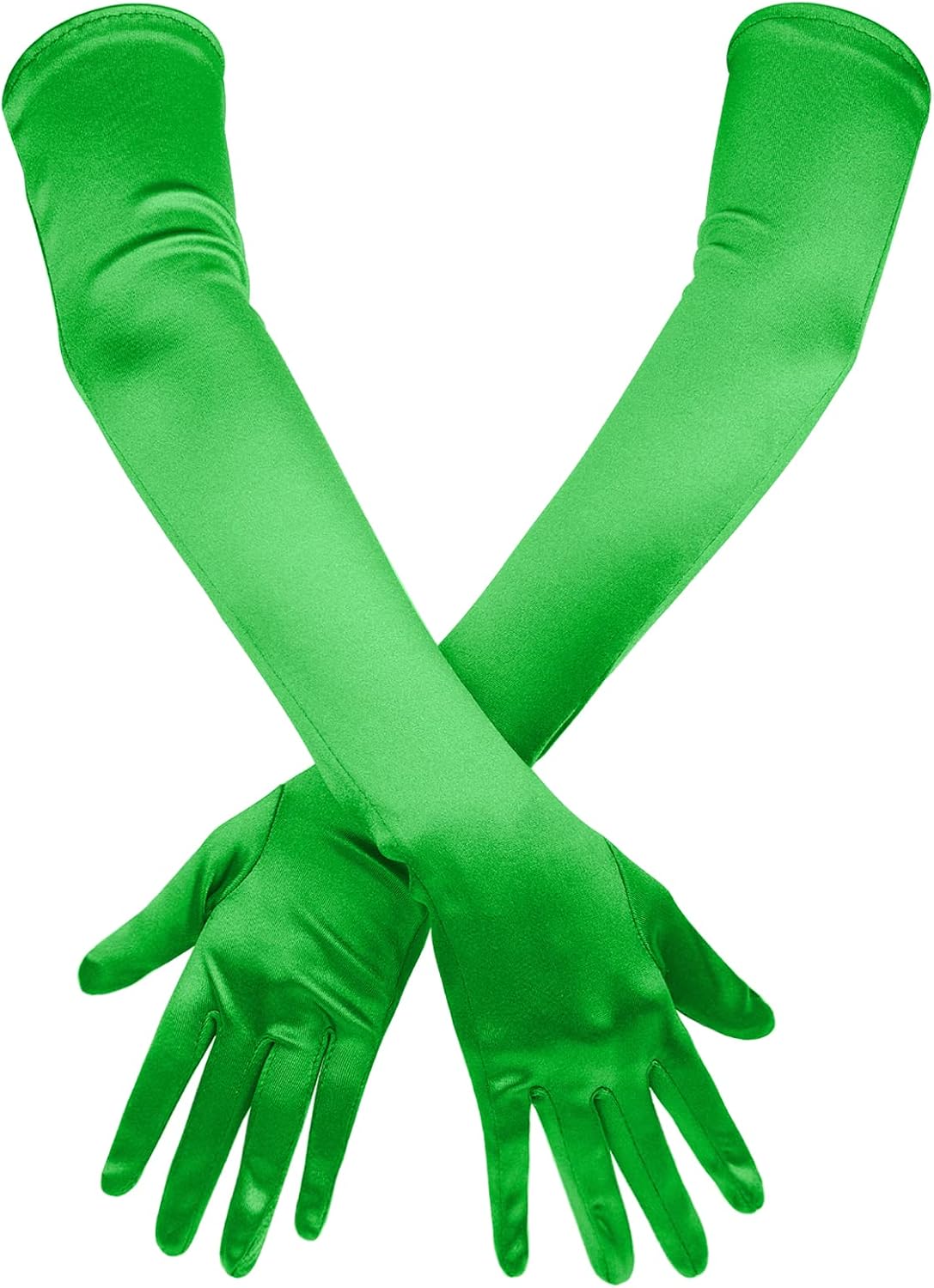 SAVITA green satin long elbow gloves front view