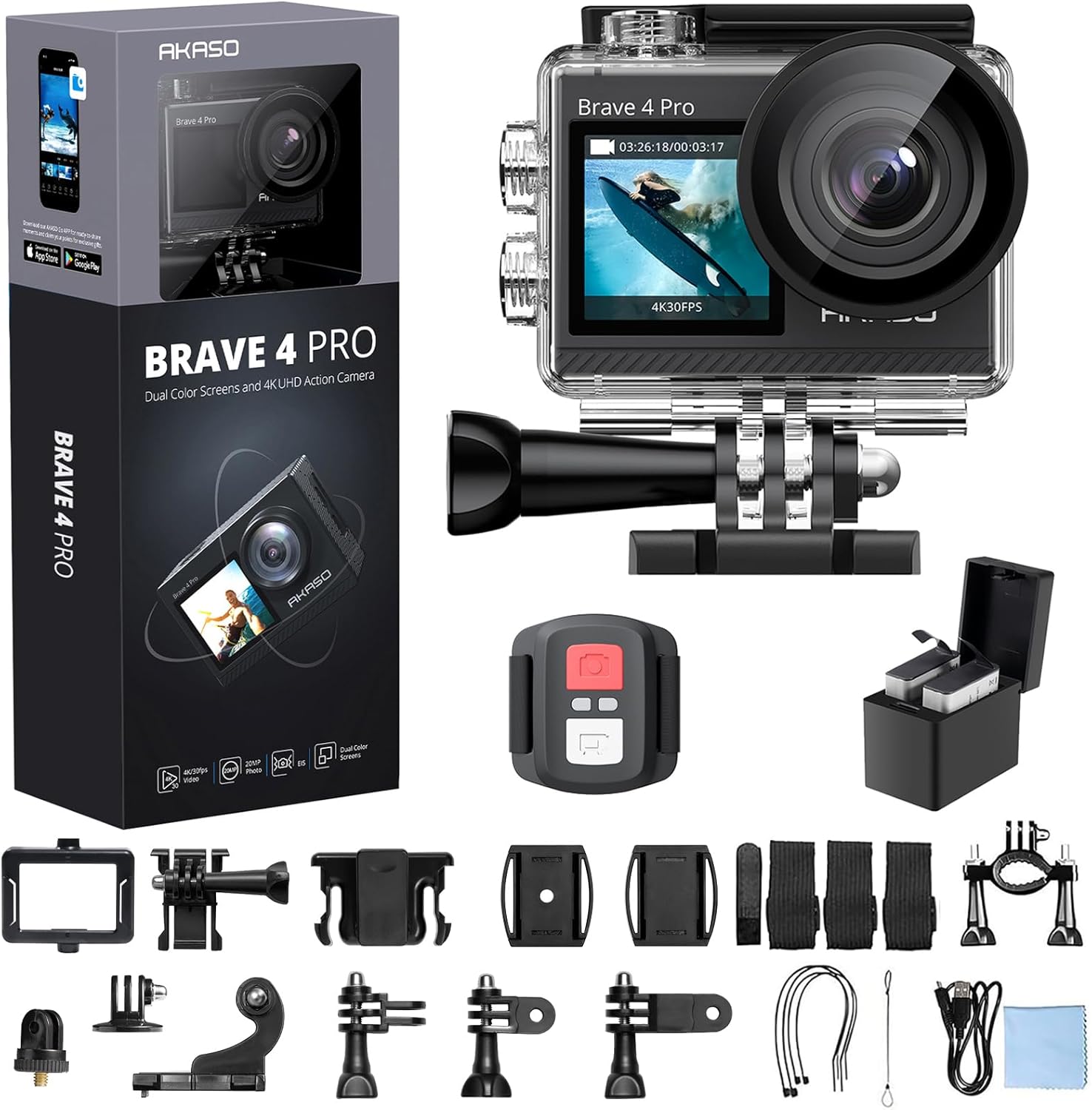 AKASO Brave 4 Pro 4K action camera front view showing the vivid color selfie display screen