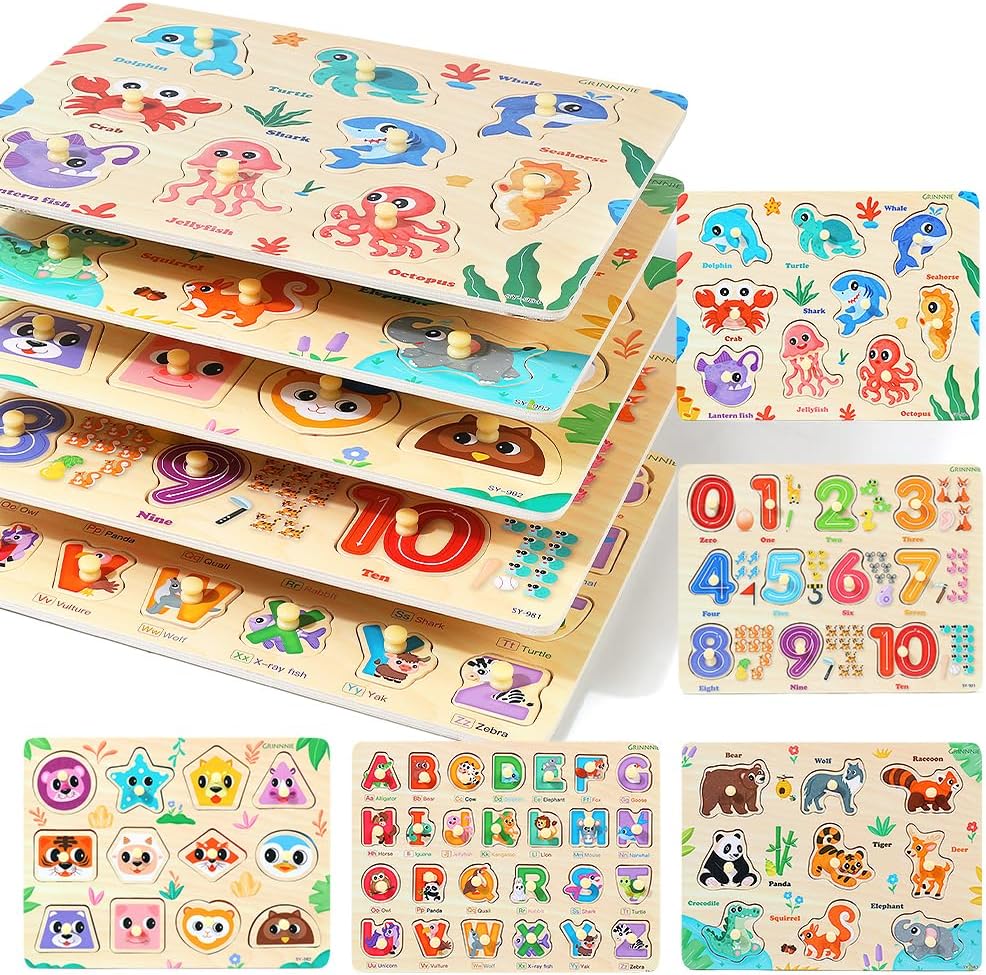 GRINNNIE Wooden Toddler Montessori Peg Puzzle Set front view showing five educational boards