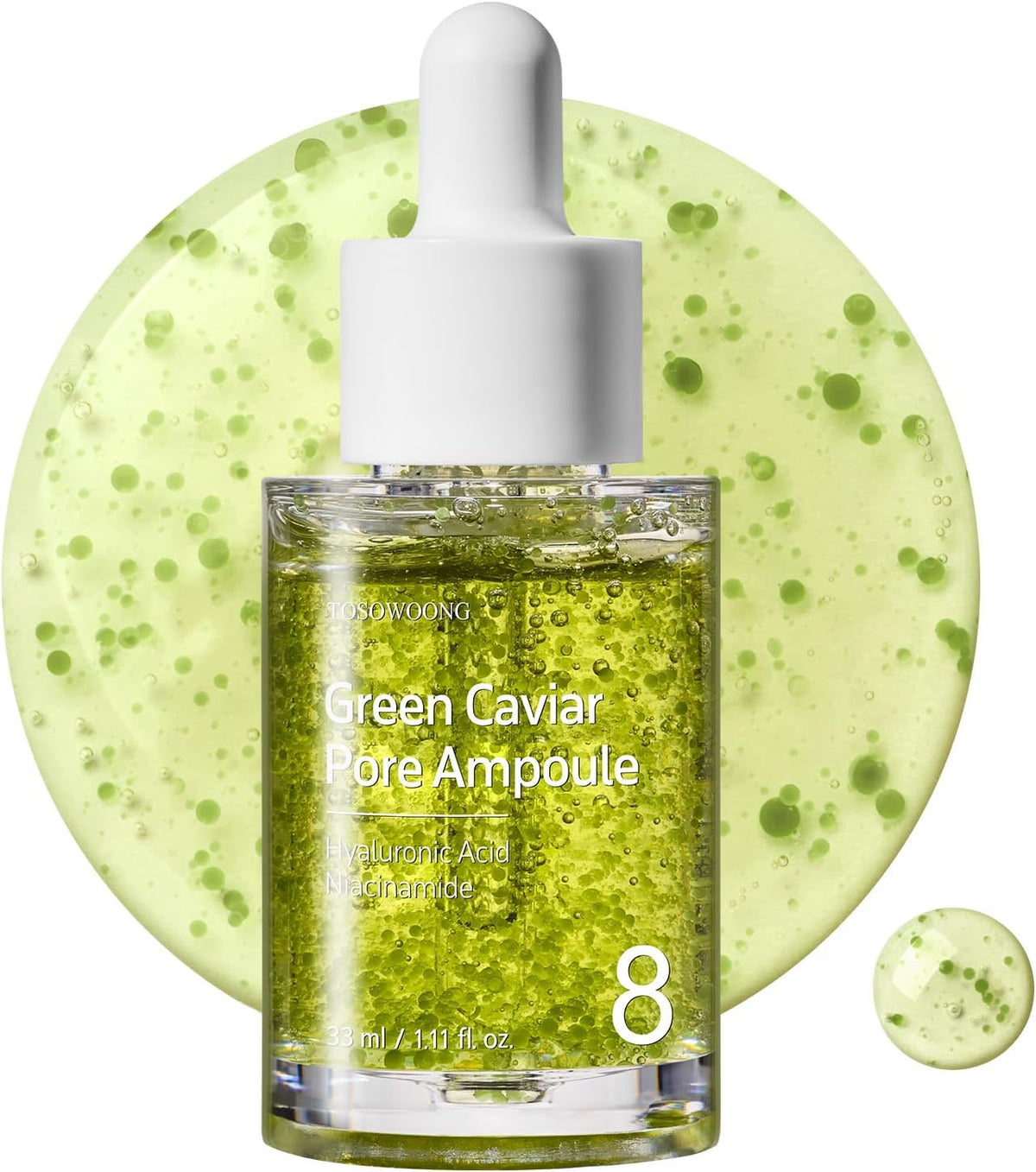 Close-up view of the TOSOWOONG pore tightening serum packaging highlighting clinical results for minimizing pores.