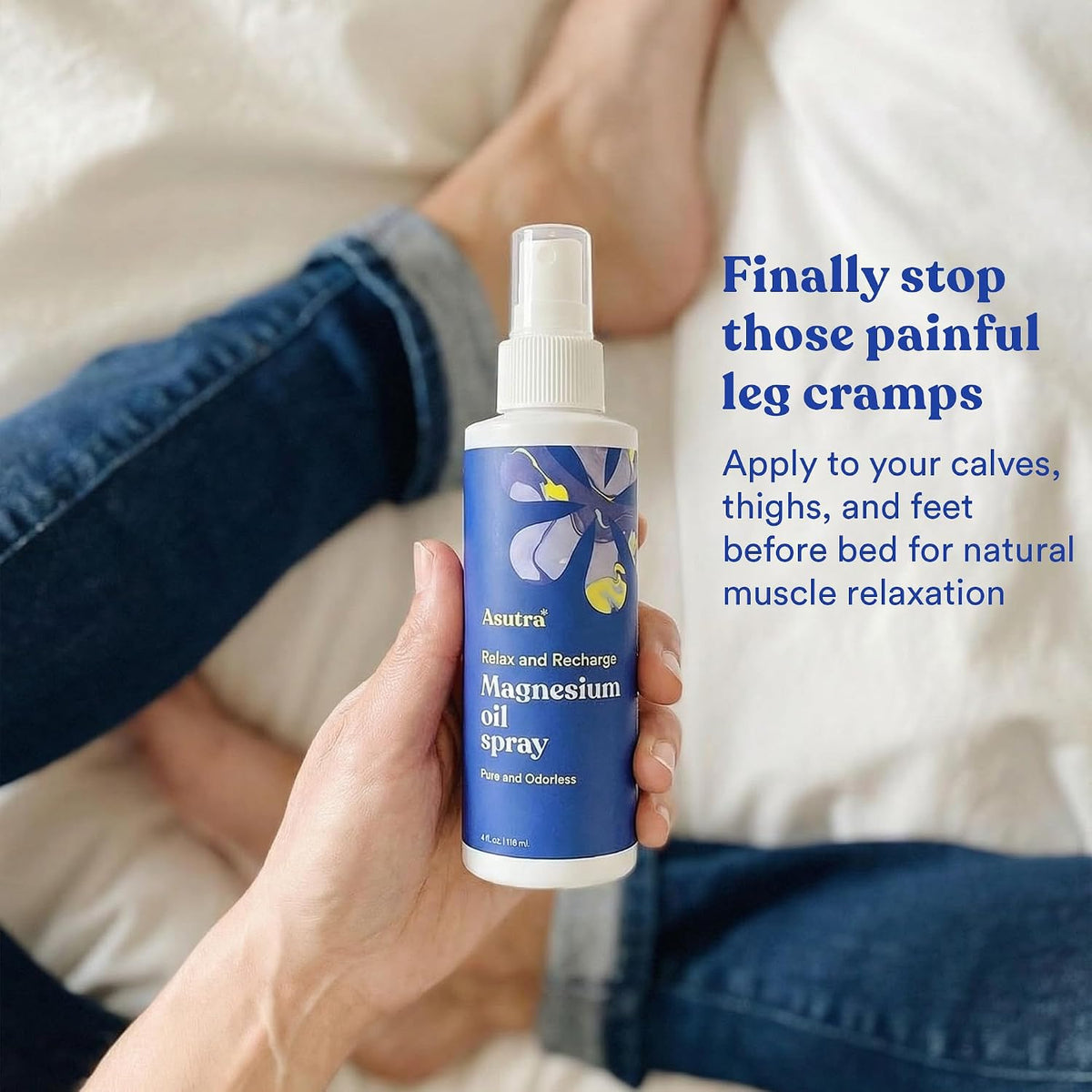 Lifestyle application of magnesium spray on legs and feet