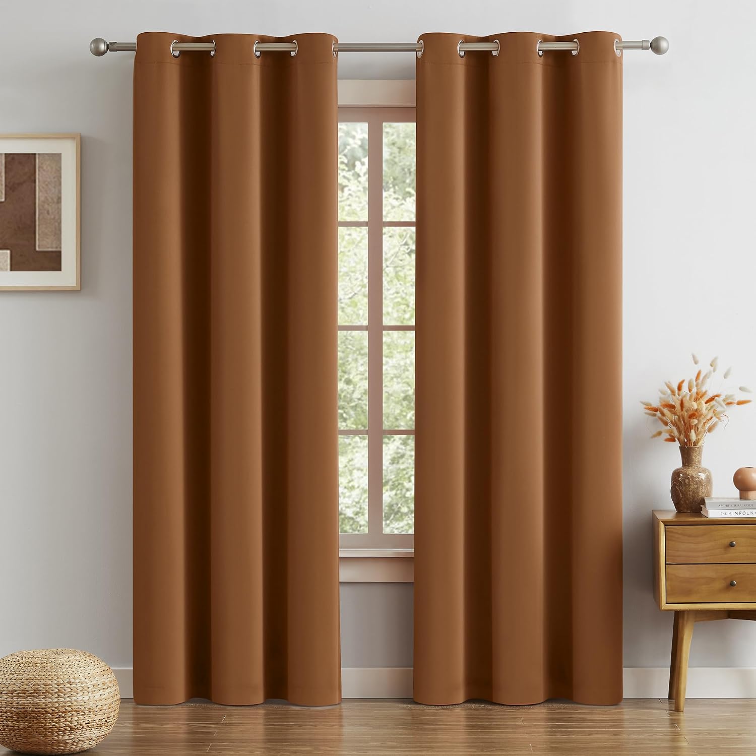 Dualife blackout curtains front view in dark oak golden brown